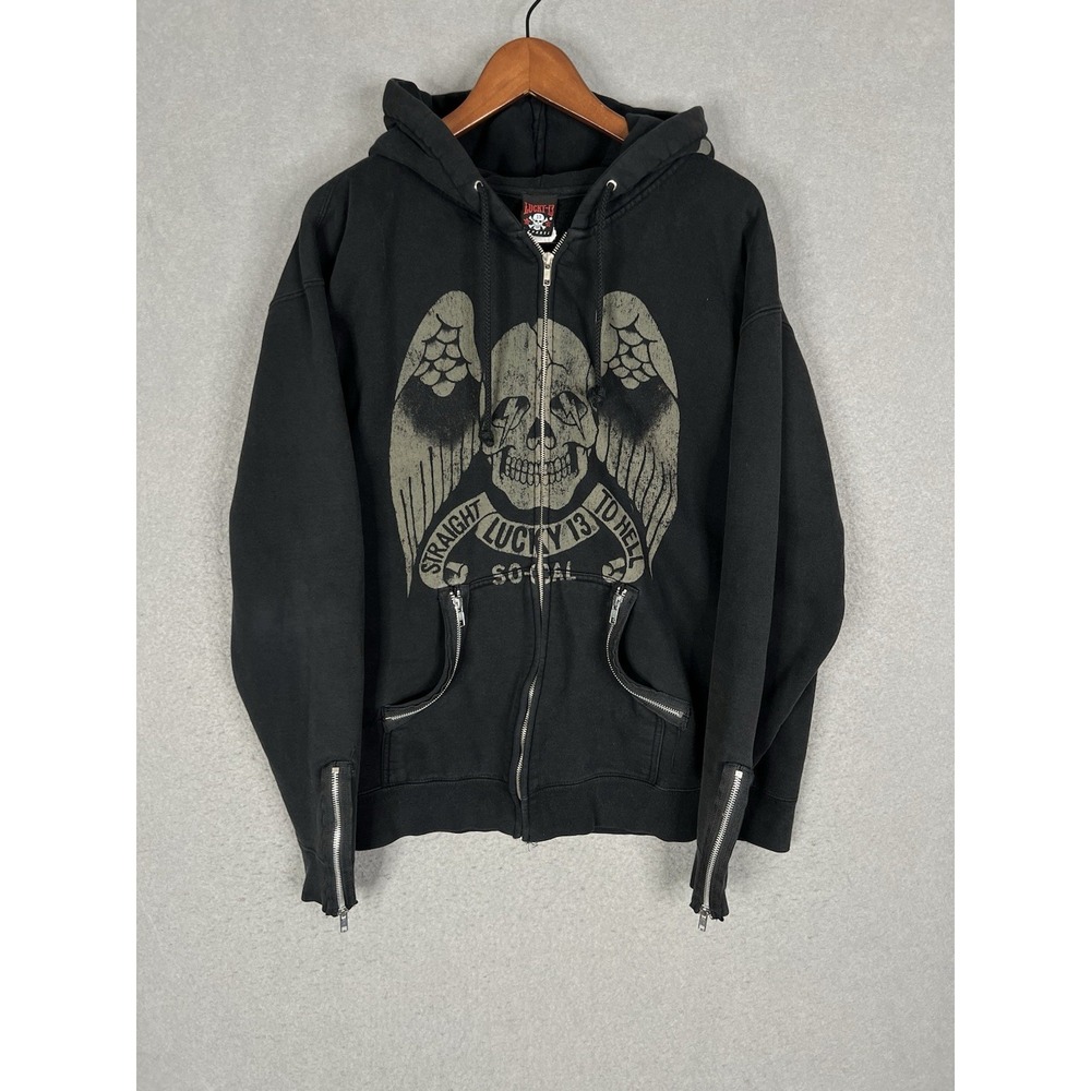 LUCKY 13 Vintage 90s Zip Up Hoodie Sweatshirt L Heavy Black Fleece Skull Wings